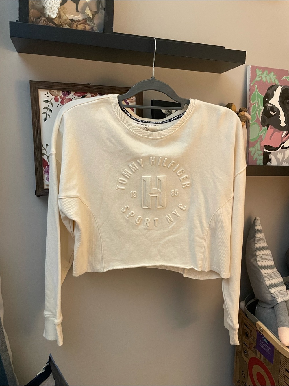 Tommy Hilfiger Cream Embossed Logo Cropped Sweatshirt